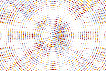 Maroon, yellow, blue, white colorful halftone festival background. Radial halftone gradient background. Fading effect polka dot multicolor background for fabric, banner, poster, wallpaper and more.