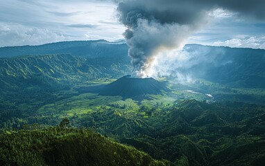 Majestic volcano with smoke rising above lush green valleys