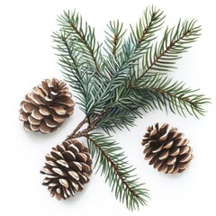Christmas pine cones and branches on white background