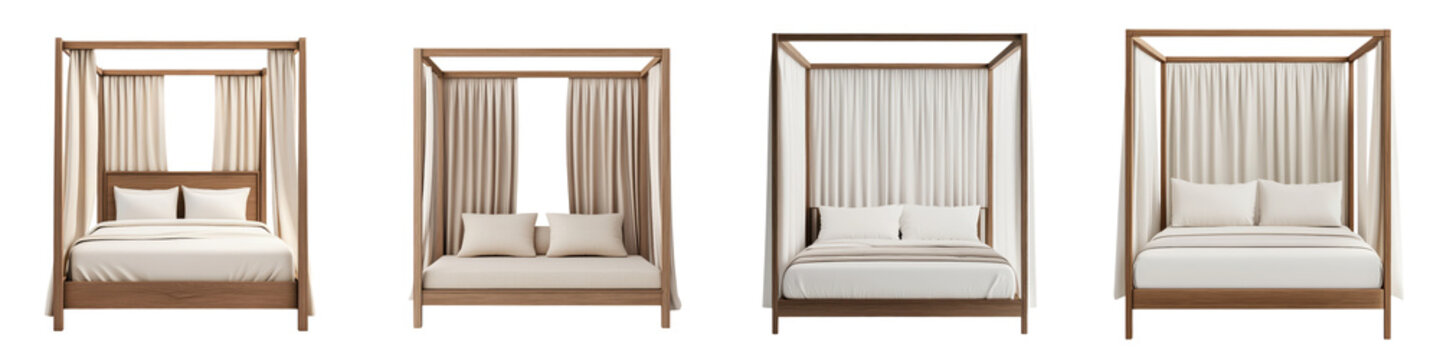 Elegant and cozy wooden framed canopy bed with plush pillows and curtains in a stylish and modern bedroom interior design  Comfortable and relaxing home or hotel accommodation concept