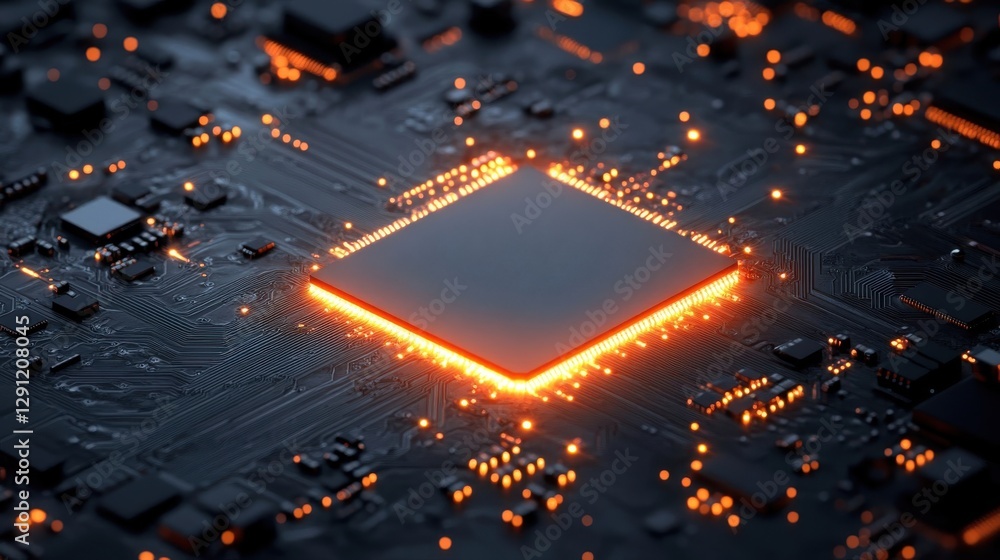 Poster a modern computer processor glowing with an orange light
