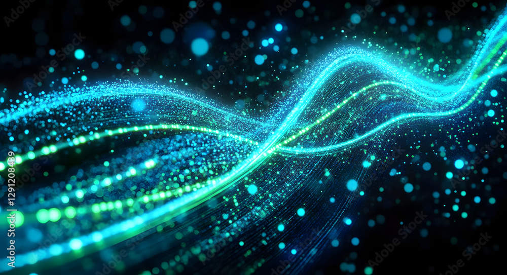 Poster background with glowing light blue and green lines, particles of data flowing in the air..