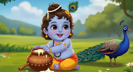 Cartoon Little Krishna with Milk Pot and Peacock in Nature Scene
