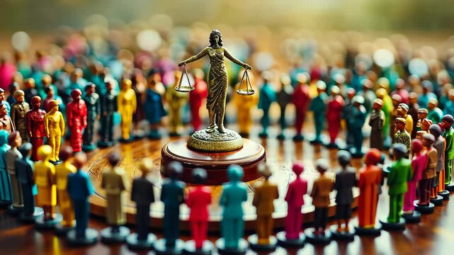 A striking justice statue is encircled by a vibrant group of miniature figures, representing unity and equality