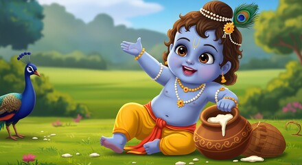 Fototapeta premium Cartoon Krishna with Milk Pot and Peacock in Grassy Landscape
