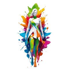 A modern, dynamic logo designed with a colorful paint splash that transitions into an abstract woman icon, representing beauty and style, isolated on a transparent back