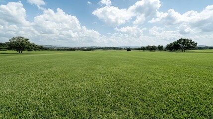 Obraz premium Wide shot of a pristine green lawn under a partly cloudy sky. Possible use Nature background, landscape design ideas