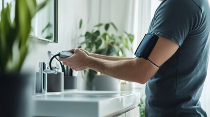 Hypertension blood pressure reading in a bright, modern bathroom. Featuring self-care and health awareness