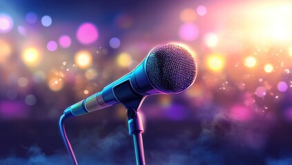 Obraz premium Close-Up of a Microphone on Stage with Colorful Bokeh Lights
