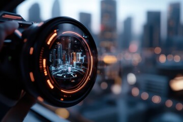 A captivating image showing a city skyline reflected inside a camera lens, highlighting the blend of technology and urban life in a visually striking manner.