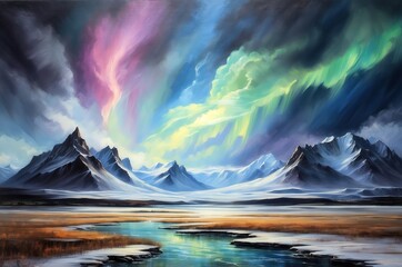 Naklejka premium Vivid aurora borealis illuminates a mountain landscape near a tranquil river during twilight hours