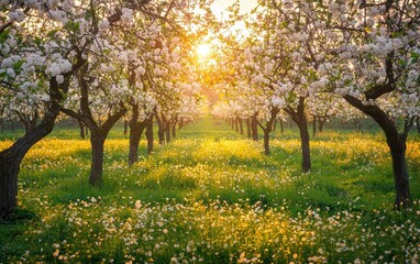 Peaceful orchard with fruit trees in full bloom