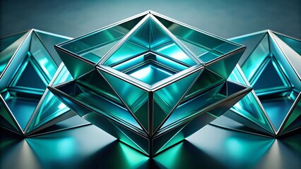 3d rendering, Floating transparent shapes with glossy metallic rims glowing in emerald green and teal shades, reflecting light to create a modern and futuristic sci-fi effect.