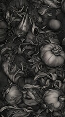 Intricate Botanical Print, Detailed Floral Illustration, Black and White Pattern