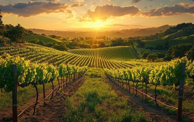 Naklejka premium Peaceful vineyard overlooking rolling hills under a golden sunset