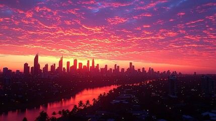 Obraz premium Vibrant sunrise over city skyline reflected in water.