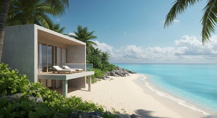 Obraz premium Modern beachfront villa offers serene tropical getaway with ocean views