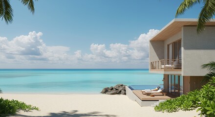 Fototapeta premium Luxurious beachside villa overlooks turquoise water under a sunny sky