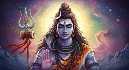 Lord Shiva Meditating with Trident Against Cosmic Background Illustration