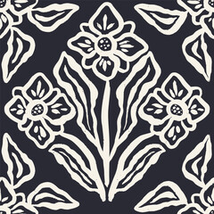 Monochrome black and white brush strokes inky flowers seamless pattern damask style. Abstract modern floral background. Textured botanical minimalist wallpaper