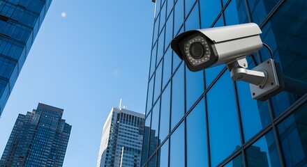 Cámara de seguridad CCTV al aire libre sobre un fondo de edificio borroso. Cámaras de seguridad, protección y seguridad de centros comerciales.