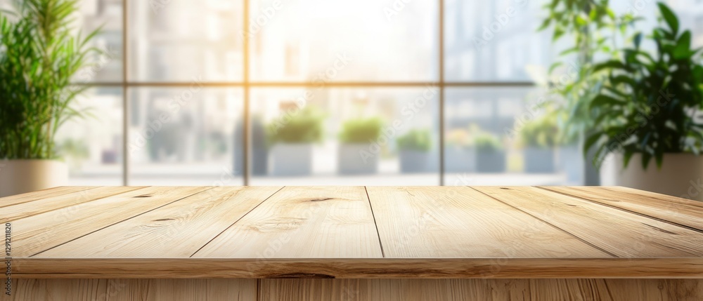 Poster beautiful empty wooden tabletop counter in a clean and bright interior background, ready for the dis