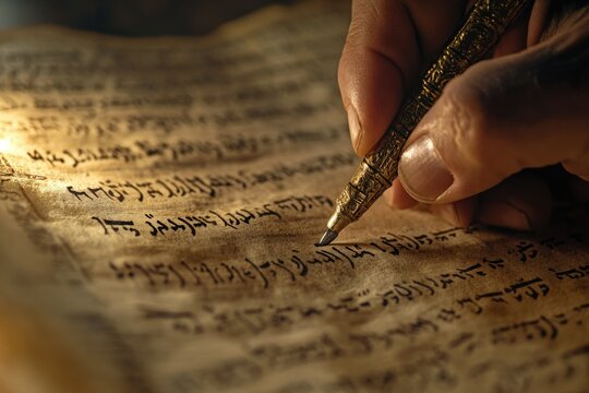 Artistic Depiction of a Hand Writing Sacred Hebrew Text on Aged Paper Amidst Soft Lighting