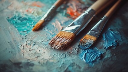 Fototapeta premium Close Up of Paint Brushes on a Colorful Palette