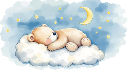 Cute teddy bear sleeps on a cloud, watercolor on a white isolated background