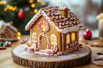 Cheerful Gingerbread Dwelling Adorned with Icing and Sweets for a Festive Holiday Atmosphere