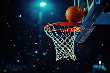 Nighttime Urban Basketball: Orange Ball Soaring Towards Hoop, Capturing the Essence of Scoring Success in Street Sports
