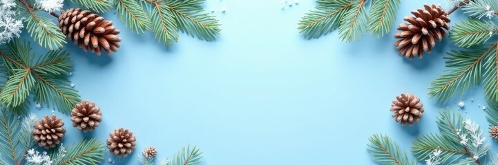 Fototapeta premium Pinecones and branches in a light blue winter background, forest decor, light blue background