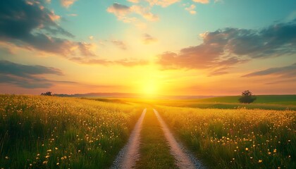 Fototapeta premium Golden sunlight shines over a field and country dirt road
