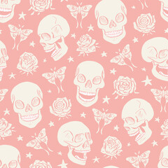 Seamless pattern with hand drawn white floral skulls surrounded by luna moths and roses. Skeleton heads pastel pink monochrome repeat background with butterflies and flowers.