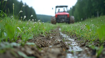 Tractor drives on muddy field path, forest background, agriculture