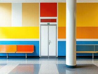 Deserted School Eatery: A Colorful, Bright Cafeteria with Empty Seats and Columns