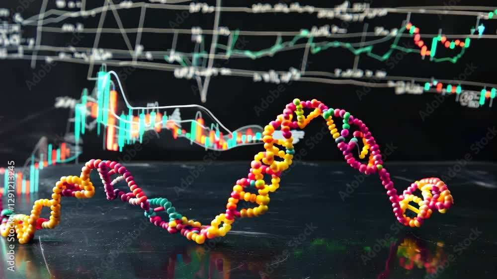 Poster dna strands intertwine with mathematical data processing concepts in a digital environment, dna stra