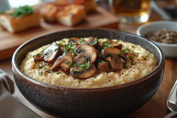 A bowl of creamy polenta topped with wild mushrooms and a drizzle of truffle oil, embodying rustic elegance