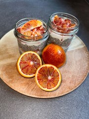 sweet breakfast with cottage cheese and chia seeds and red orange