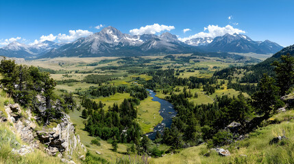 Obraz premium Mountain valley river landscape panorama, summer day