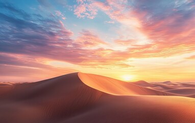 Rolling sand dunes stretching endlessly under a vibrant sunset sky
