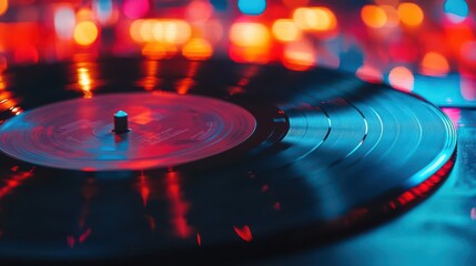 A close-up of a spinning vinyl record with glowing lights in the background