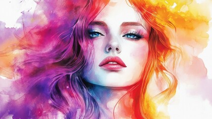 Fototapeta premium Stylized Beauty: Watercolor Woman with Artistic Hair and Vibrant Accessories