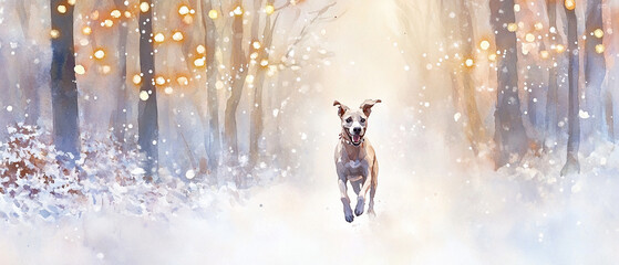 Fototapeta premium Greyhound Sprinting Through a Snowy Forest Path Surrounded by Tall Trees and Soft White Snow Capturing the Essence of Winter's Beauty and the Grace of Canine Movement