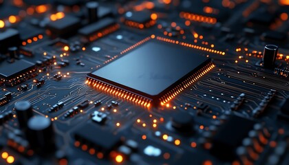 Electronic components of a computer printed circuit board close up