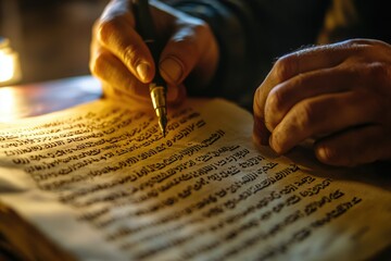 Intimate Focus on Hand Scribbling Hebrew Script on Vintage Paper Illuminated by Soft Light in a Sacred Setting