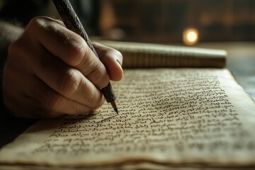 Intimate View of Hebrew Script on Ancient Parchment Illuminated by Soft Light