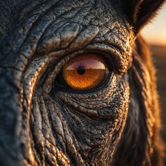A close-up of Raam Animalas' eyes reflecting a stunning sunset horizon.