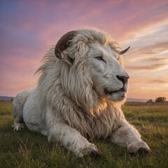 A peaceful white Raam Animalas resting on a meadow under a pastel-colored sunset sky.