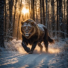 A powerful Raam Animalas running through a snowy forest, the sunset casting golden light on the trees.